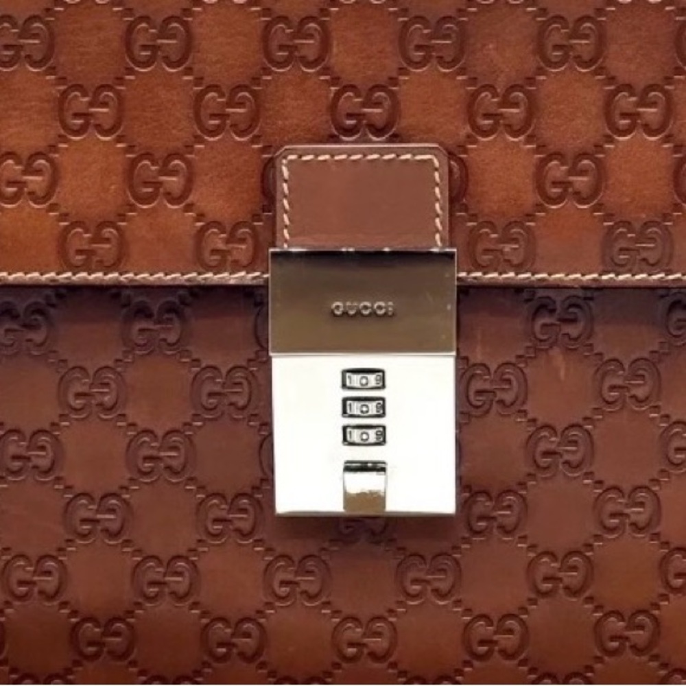 Gucci Embossed Monogram Brown Leather Briefcase with Silver Lock - Picture 2 of 2